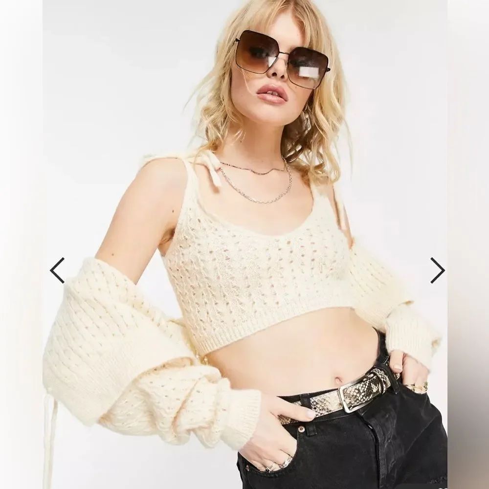 NEW Topshop Y2K beige knit sweater crop bralet top XL
